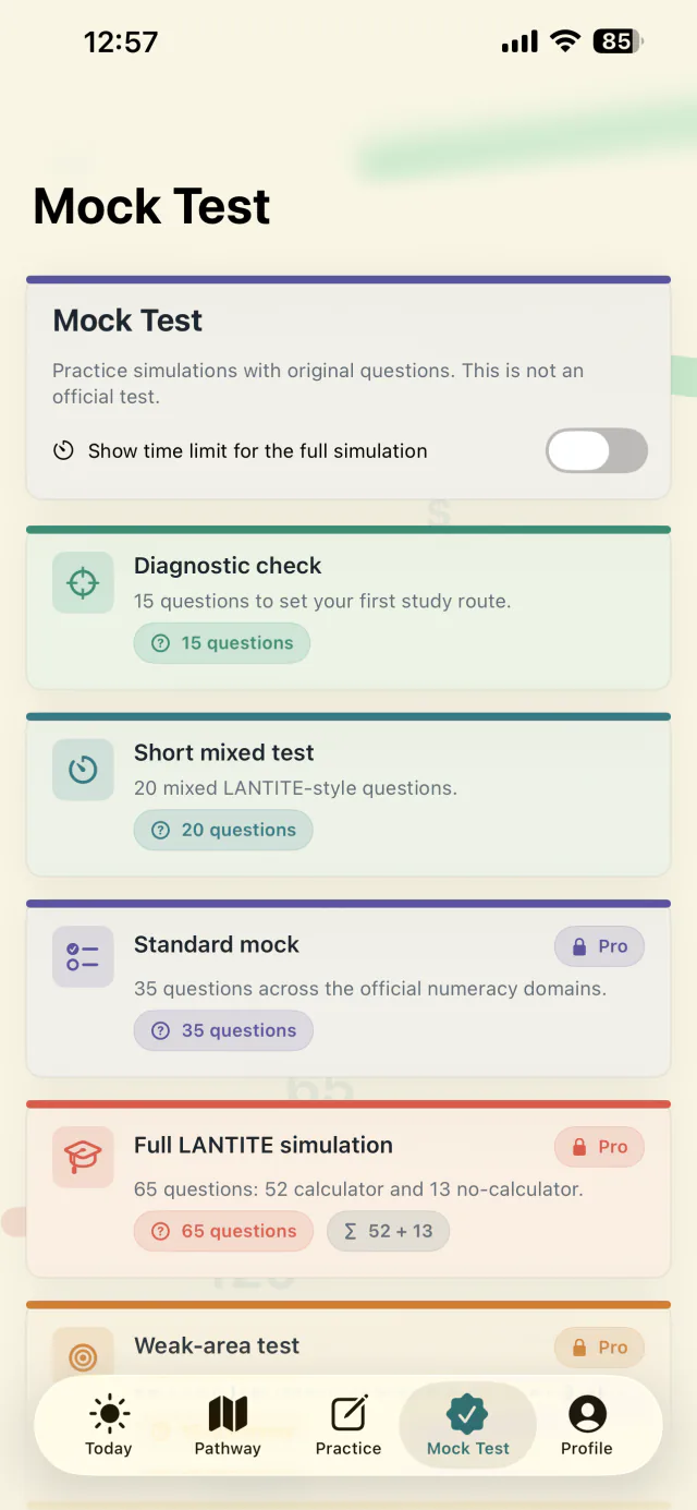 Mini practice test options in LANTITE Numeracy