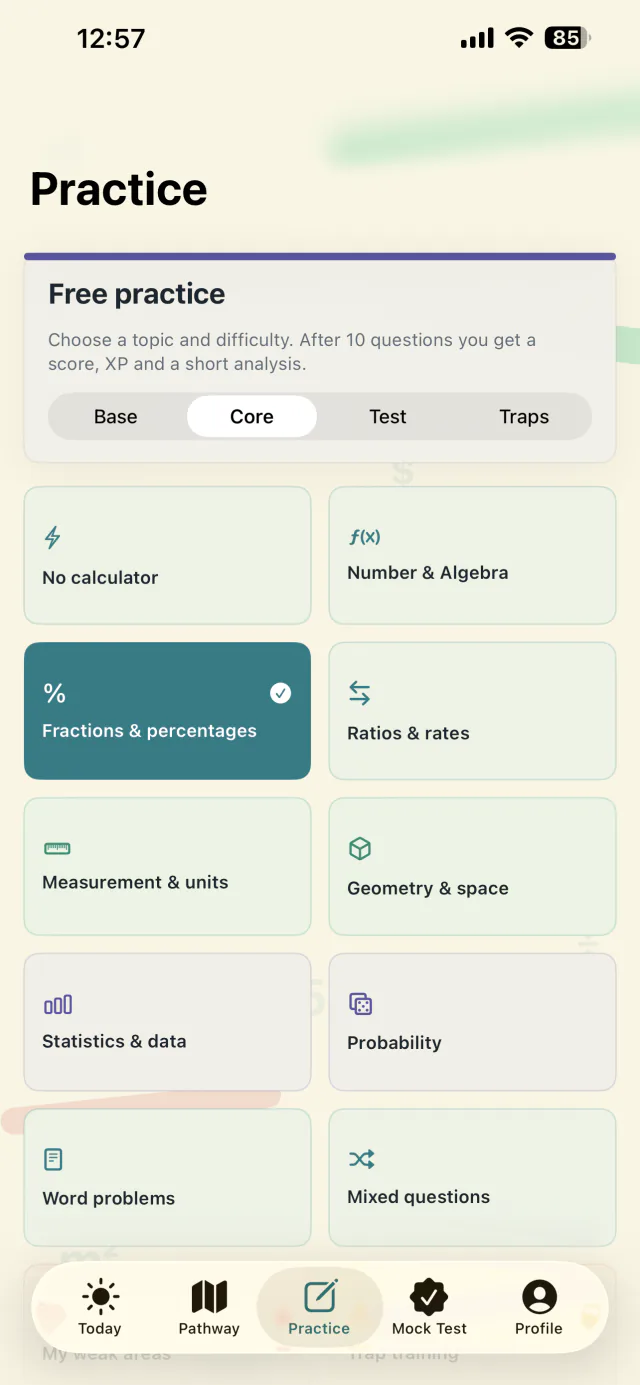 Topic-based numeracy practice screen in the app